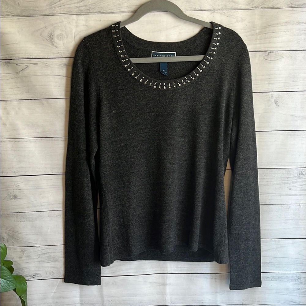 Karen Scott Charcoal Sweater with Studded rhinestone Detail